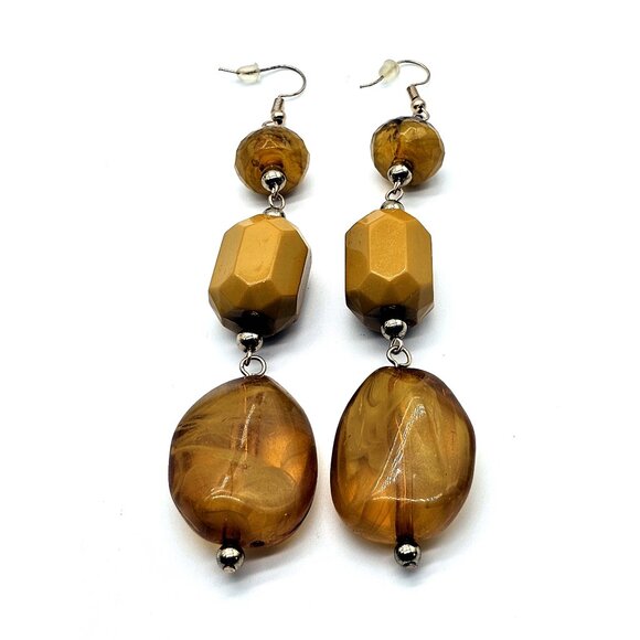Vintage-Style Long Dangle Earrings – Amber & Mustard Yellow Acrylic Beads - Picture 2 of 7